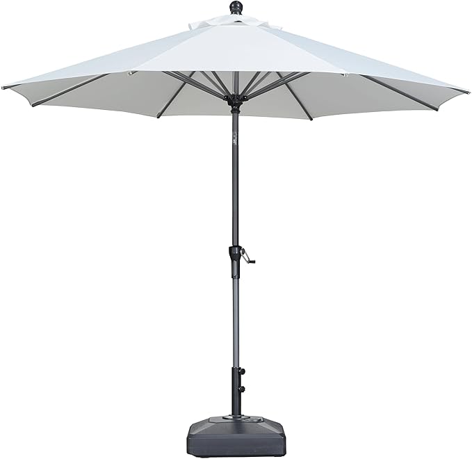 PURPLE LEAF 9' Round Patio Market Umbrella with Base Outdoor Table Umbrellas Aluminum Frame Sun Shade with 8 Sturdy Ribs Tilt for Garden Deck Lawn Pool White