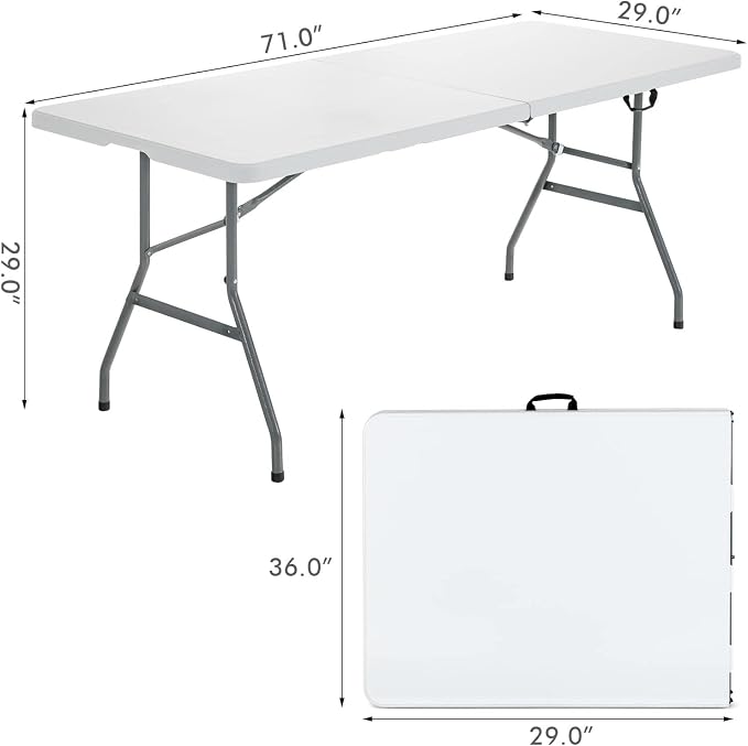 Nightcore White 6' Plastic HDPE Folding Table, Indoor Outdoor Utility Portable Picnic Party Dining Camp Rounded Corners & Handle, Off White