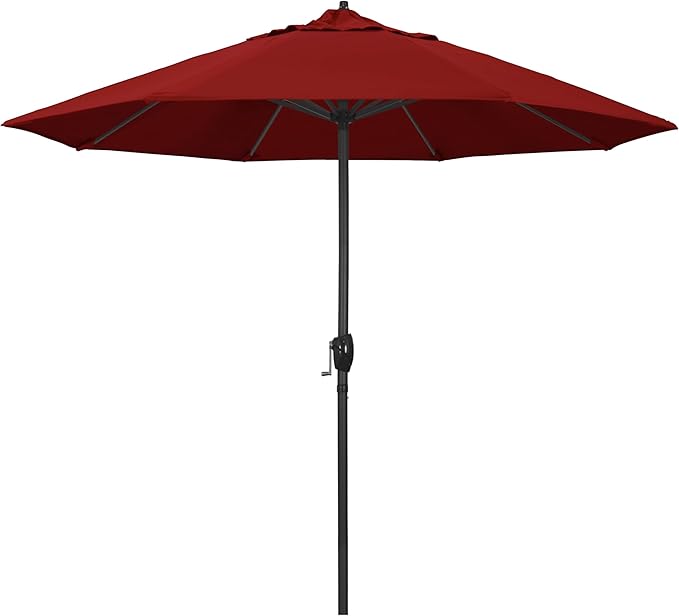 California Umbrella 12-Year Protection 9' Rd Aluminum Patio Umbrella, Crank Lift, Auto Tilt, Black Finish, Sunbrella Jockey Red