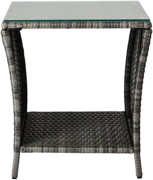 NOLLAM Patio Wicker Side Table, Outdoor PE Rattan End Table with Glass Tabletop and 2-Tier Storage Shelf, 18"" Square Coffee Table for Outside Deck Porch Garden Backyard, Load 110 LBS, Gray, Grey