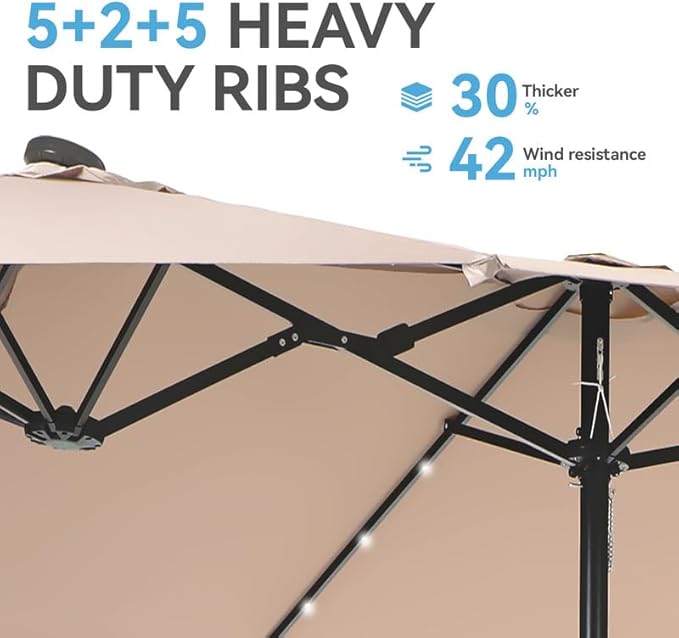 GREEN PARTY 15 ft Large Outdoor Patio Umbrella with Solar Led Lights & Base Included, Double-Sided Rectangular Table Umbrella with Stand, Market Umbrellas for Deck Poolside Garden Backyard, Beige
