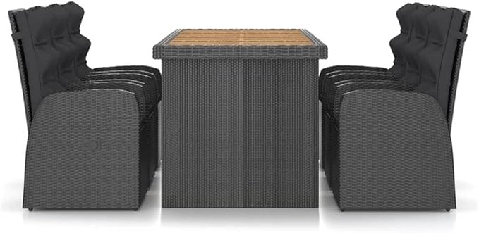 Afuera Living Contemporary Outdoor Dining Set, Black/Natural Wood Finish, Rectangular Acacia Table with Powder-Coated Rattan, Cushioned Reclining Chairs, Outdoor Patio Furniture for Garden or Porch,