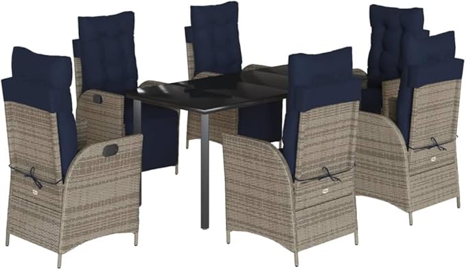 Backyard Furniture Patio Conversation Sets Outdoor Seating 7 Piece Patio Dining Set with Cushions Gray Poly Rattan Suitable for Gardens, Balconies, Decks