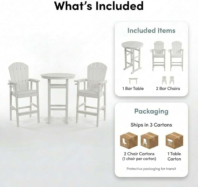 WILLIAMSPACE Height Patio Bar Table Set of 3, Outdoor Round Bar Table with Umbrella Hole, 2 Bar Stools with Cup Holders, 3-Piece All-Weather Outdoor Bistro Set for Kitchen Outside (White)
