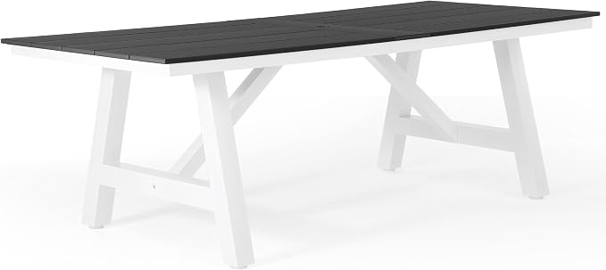 WestinTrends Cape May 90" HDPE Rectangle Outdoor Patio Dining Table with Umbrella Hole and Metal Frame, Gray