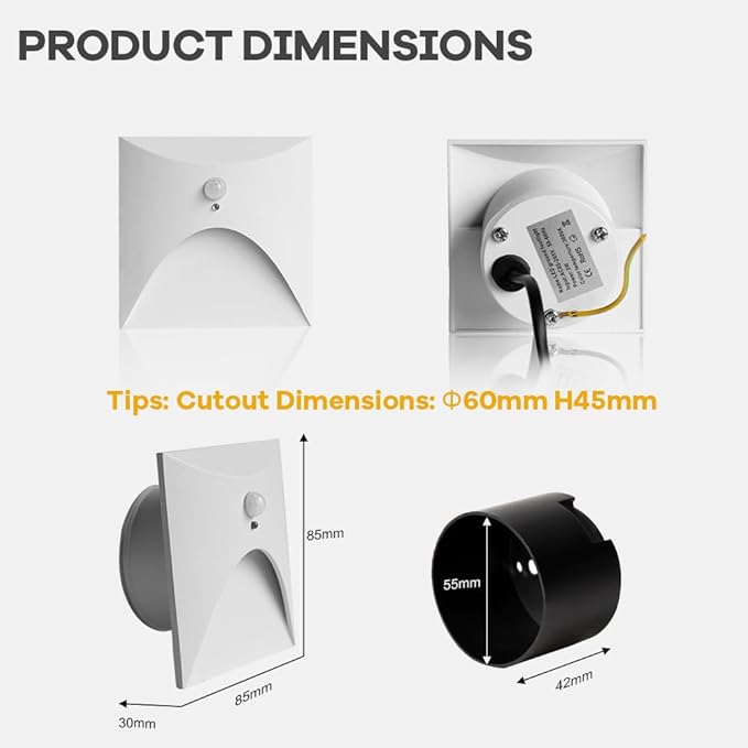 FVTLED Motion Sensor LED Step Lights, 3W AC 85-265V Stair Lights Indoor Outdoor, 3000K Warm White, Arc Design, IP44 Waterproof Staircase Lighting-White Shell