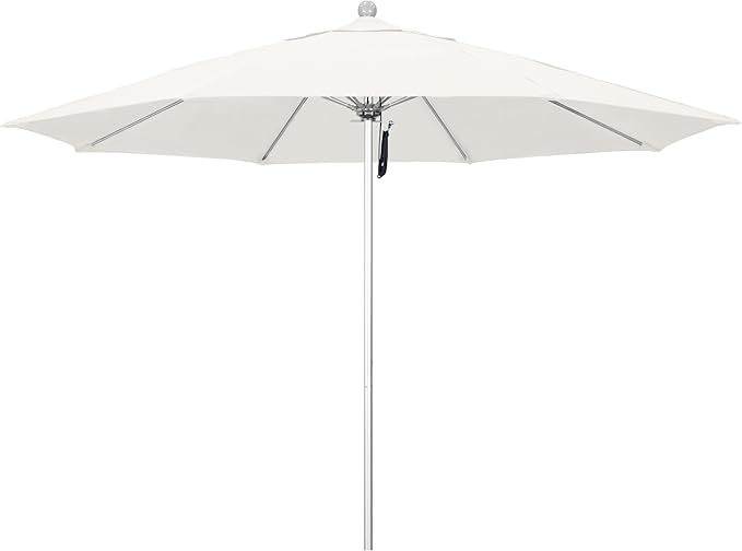 California Umbrella 11Ft Commercial Grade Sunbrella Fabric Market Umbrella, Pulley Lift, Aluminum/Fiberglass, 2mm pole wall, Silver Frame, Natural Fabric