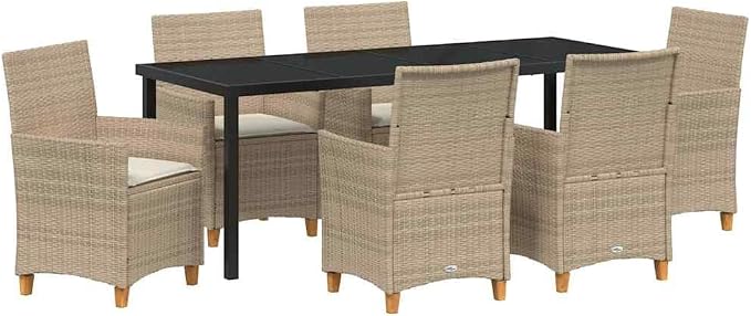 7 Piece Garden Dining Set, Outdoor Patio Furniture with 6 Cushioned Chairs and Glass Table, Beige Poly Rattan Weather Resistant Bistro Set for Backyard Deck