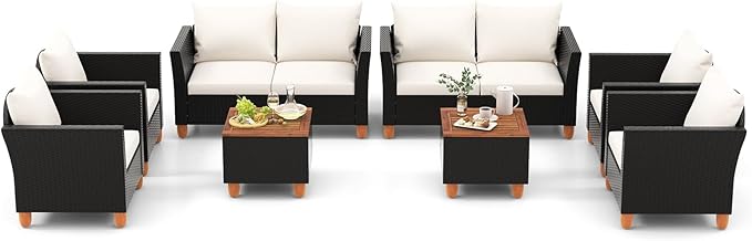 Tangkula 8 Piece Outdoor Conversation Set, Patio Cushioned Chairs w/Storage Coffee Table, Acacia Wood Tabletop & Chair Legs, Patio Wicker Furniture Set for Poolside, Lawn, Porch (2, Off White)