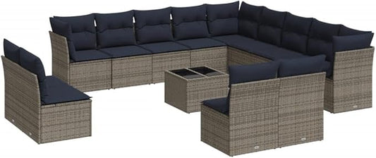 vidaXL Patio Sofa Set with Cushions 14 Piece, Sectional Sofa with Glass Table, Outdoor Conversation Set, Modern Style, Gray Poly Rattan