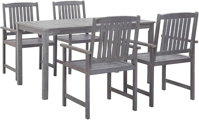 5 Piece Patio Dining Set, Gray Solid Acacia Wood Outdoor Dining Table and 4 Chairs with Umbrella Hole, Rustic Wooden Backyard Garden Furniture Set for Outside Deck