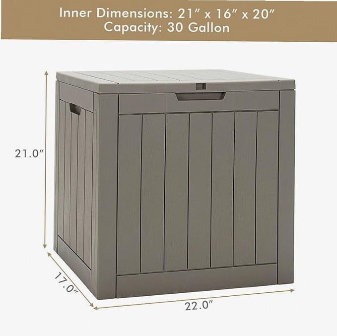 Light Brown 30-Gallon PP Woodgrain Deck Box Outdoor Storage Seat with Waterproof Lid, 22x17x21in for Patio