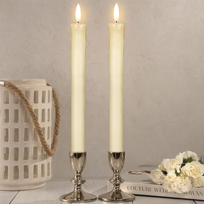 GenSwin Drip Wax Flameless Taper Candles Flickering with 10-Key Remote, Battery Operated Led Warm 3D Wick Light Window Candles Real Wax Pack of 6 Christmas Home Wedding Decor(Ivory, 0.78 X 9.64 Inch)