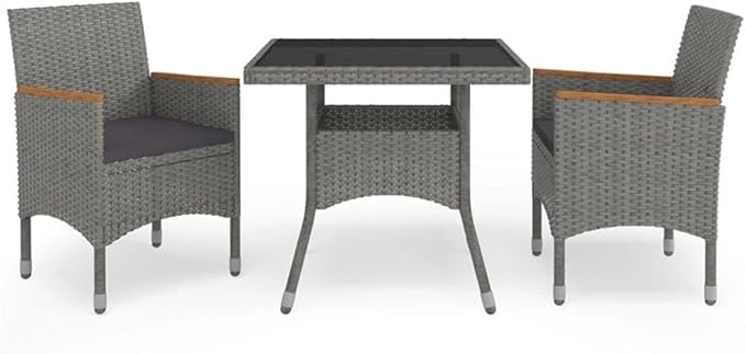 Afuera Living 3-Piece Poly Rattan Patio Dining Set, Gray and Brown, Acacia Wood Table, Weather-Resistant Steel Frame, Cushioned Seats, Modern Style for Outdoor Garden, Balcony, or Terrace Dining