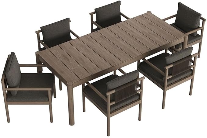 MAKLAINE 7-Piece Outdoor Patio Dining Set, Solid Teak Wood, 89 Inch Rectangular Table, Weathered Gray Flint Finish, Woven Rope Chair Backrest, Removable Cushions, Non-Marking Foot Caps, Deck or Patio