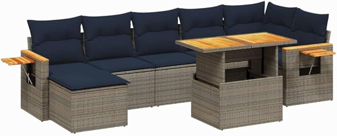 vidaXL Patio Sofa Set with Cushions 8 Piece, Outdoor Conversation Set, Sectional Sofa for Balcony Garden, Modern Style, Gray Poly Rattan