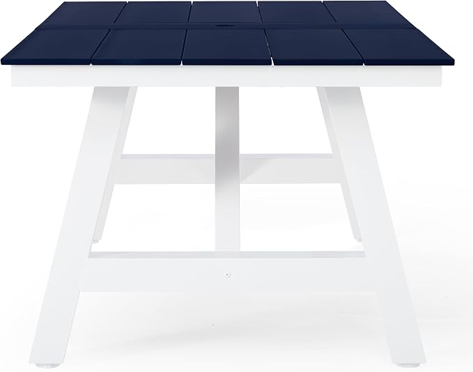Costaelm Rectangle Patio Table, 8-Person Backyard Table 90" HDPE Dining Table with Umbrella Hole and Metal Frame for Outside, Garden, Poolside, Deck, Porch, Balcony, Navy Blue