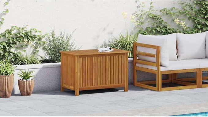 Outdoor Storage Box 35.4x19.7x22.8 Inches Solid Acacia Wood with Waterproof Liner, Patio Furniture Cushion Organizer, Garden Bench Seat and Side Table for Deck, Backyard, Porch