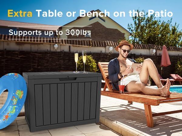 Resin Deck Box, Lockable Patio Outdoor Storage Box for Furniture, Garden Tools and Tools Storage, Waterproof Outside Storage Boxes (Black, 45 Gallon)
