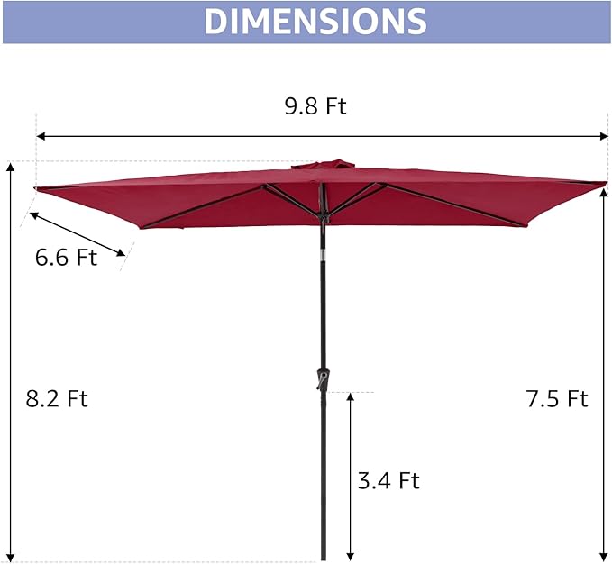 COBANA 6.6 x 9.8ft Rectangular Patio Umbrella, Outdoor Table Market Umbrella with Push Button Tilt/Crank,Patio Umbrella Rectangular for Backyard, Garden