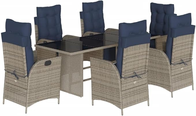 Backyard Furniture Patio Conversation Sets Outdoor Seating 7 Piece Patio Dining Set with Cushions Gray Poly Rattan Suitable for Gardens, Balconies, Decks