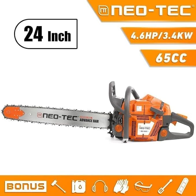 NEO-TEC New NH865 65cc Gas ChainSaw, Chain Saw with 24 Inch Advance Bar and Chain, 3.4KW 4.6HP Gasoline Chainsaw for Professional Wood Work (24 INCH)