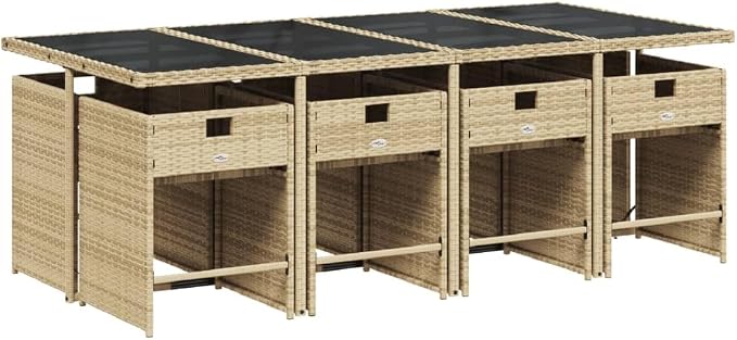 9-Piece Patio Dining Set, 8-Seater Garden Furniture with Cushions, Space-Saving Foldable PE Rattan Chairs and Tempered Glass Table, Beige