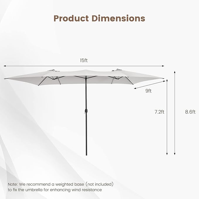 Tangkula 15 FT Double-Sided Patio Umbrella with Crank Handle, Vented Tops, Large Outdoor Rectangle Market Twin Umbrella with 10-Rib Metal Structure, Table Umbrella for Poolside Deck Lawn Garden