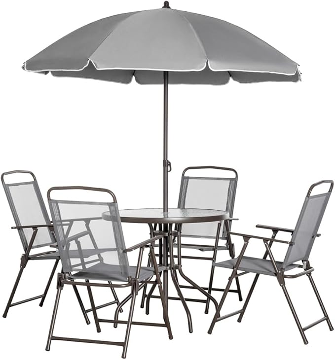 Gray Outdoor Dining Table and Chair Set with Umbrella, Patio Furniture Set for Backyard Garden, Patio Dining Set, Outdoor Furniture Set, Garden Table Set, Backyard Dining Set, Garden Table and Chairs