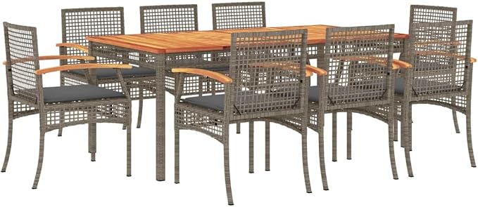 9 Piece Patio Dining Set with Cushions Gray Poly Rattan Outdoor Table and Chairs for Garden Backyard Deck Entertaining Acacia Wood Top
