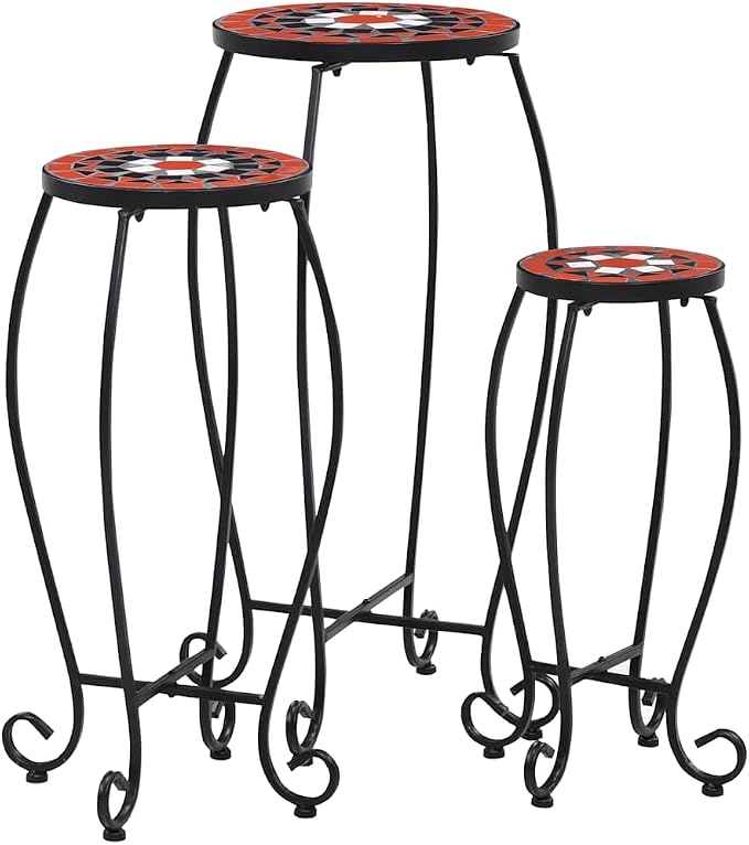vidaXL Set of 3 Mosaic Garden Tables - Iron Tube with Ceramic Tile Top - Terracotta and White