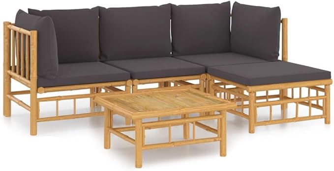 5 Piece Patio Lounge Set with Dark Gray Cushions, Front Porch Furniture Patio Conversation Set Outdoor Dining Sets Outdoor Sofa Sets for Piazza Poolside Exhibition Garden Bamboo