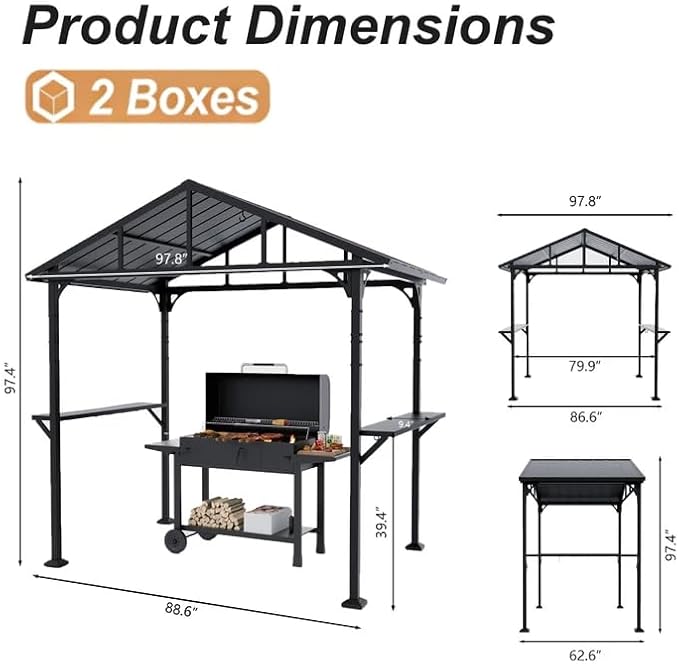 ALAULM 8'x 5' Hardtop Grill Gazebo, Outdoor BBQ Gazebo Metal Roof Canopy with 2 Metal Side Shelves & 5 Tool Hooks for Patio, Garden, Backyard, Poolside (Dark)