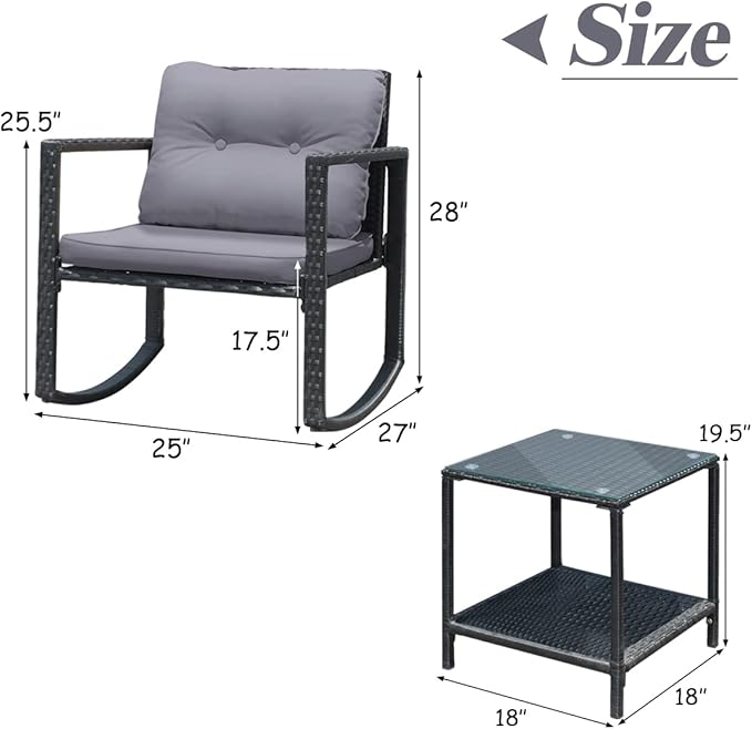 Tangkula 3 Pieces Patio Wicker Rocking Bistro Set, Outdoor Rocking Chair Furniture Set w/Cushioned Seat, Conversation Set w/Glass Coffee Table and Storage Shelf (Gray)