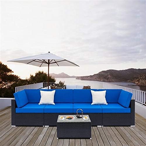 Patio Furniture Brown Rattan Sofa Wicker Sectional Sofa Set Conversation Set Garden Couch Royal Blue Cushion