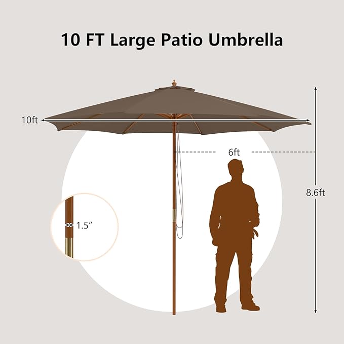 HAPPYGRILL 10 FT Wooden Patio Umbrella with Rope Pulley Lift, 8 Bamboo Ribs, 3 Adjustable Heights, Vented Roof, Outdoor Table Umbrella for Garden Poolside Backyard (Tan)