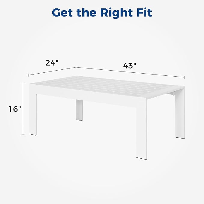 Modern Aluminum Outdoor Coffee Table, All-Weather Metal Rectangle Table for Patio, Balcony or Garden, White