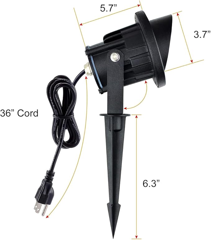 GBS9709 Outdoor Spotlights with Stake, 3000K Warm, Line Voltage 120V AC 9W, Outdoor Stake Lights, Flag Light, 3-ft Cord with Plug, Black, Not Dimmable