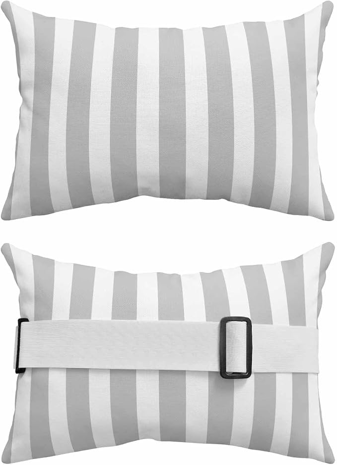 Grey Striped Outdoor Chaise Lounge Head Pillow with Insert, Modern Farmhouse Gray White Stripes Waterproof Headrest Lumbar Pillow Cusion Cover with Elastic Strap for Patio Beach Recliner, 11"x16" 2PCS