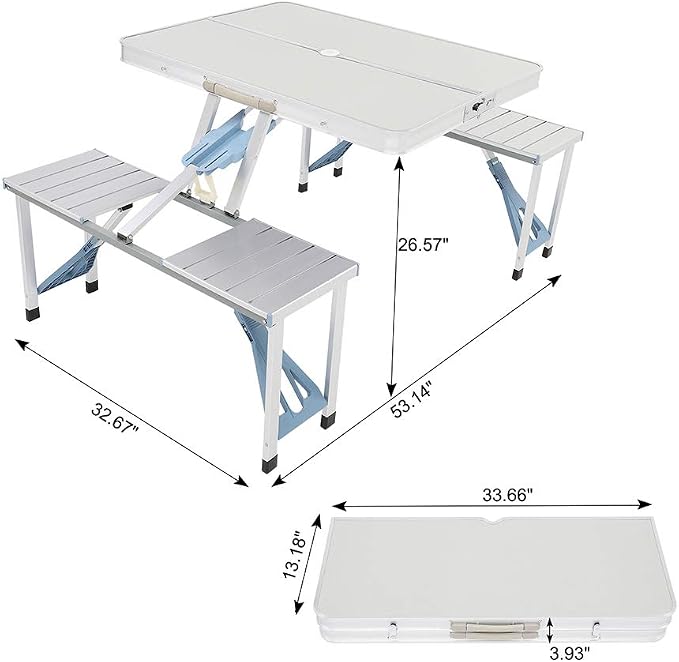 4FT Portable Folding Camping Picnic Table with Seats Chairs and Umbrella Hole, Lightweight Compact Aluminum Outdoor Camping Patio Fold Up Card Suitcase Table with Carry Handle