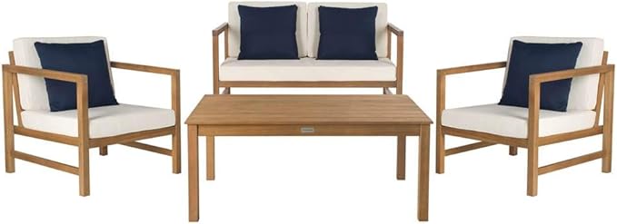 SAFAVIEH Outdoor Collection Montez Natural/ Beige Cushions/ Navy Pillows 4-Piece Conversation Patio Set