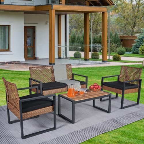 4-Piece Patio Furniture Set,Outdoor Wicker Conversation Sets with Wood Coffee Table,Heavy Duty PE Rattan Sectional Sofa Couch w/Washable Cushions for Backyard Balcony Porch Poolside (Vintage Brown A)