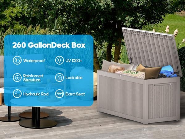 PatioZen 260 Gallon Resin Deck Box Outdoor Storage Box with Lockable Lid, Waterproof for Patio Cushions, Gardening Tools & Exercise Equipment