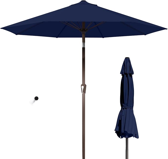 PatioKingdom Auto-Tilt 9FT Patio Umbrella Outdoor with 8 Sturdy Fiberglass Ribs,Market Table Umbrella for Pool,Backyard,Deck and Garden (Navy)