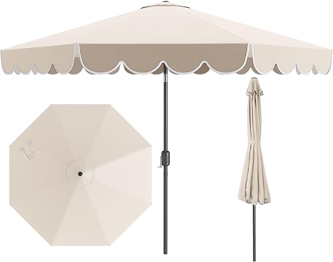Tangkula 10 FT Patio Umbrella, 2-Tiers Scalloped Outdoor Table Market Umbrella with Tilt Adjustment, Crank, 8 Sturdy Ribs for Pool, Deck, Backyard (Beige)
