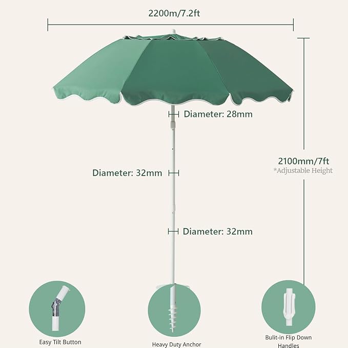 7.2FT Patio Beach Umbrella, Adjustable Height and Tilt Design, UPF 50+ Sun Protection with Silver Coating, Wind-Resistant Fiberglass Ribs, Portable 2-Fold Design, Includes Carry Bag, Base Not Included