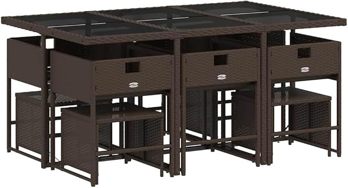 11 Piece Garden Dining Set, Rectangular Outdoor Patio Table with 10 Comfortable Seats, Weather Resistant PE Rattan Furniture for Backyard, Balcony and Deck, Brown