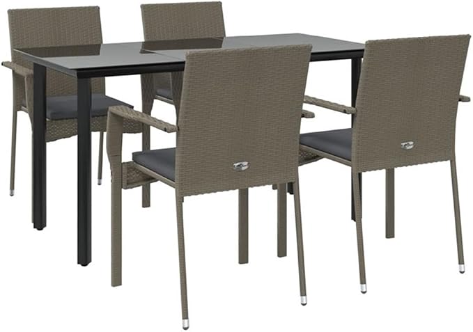 Afuera Living 5-Piece Garden Dining Set, Black and Gray PE Rattan, Powder-Coated Steel Frame, Rectangular Table and 4 Chairs with Cushions, Modern Style Outdoor Patio Furniture for Backyard or Terrace