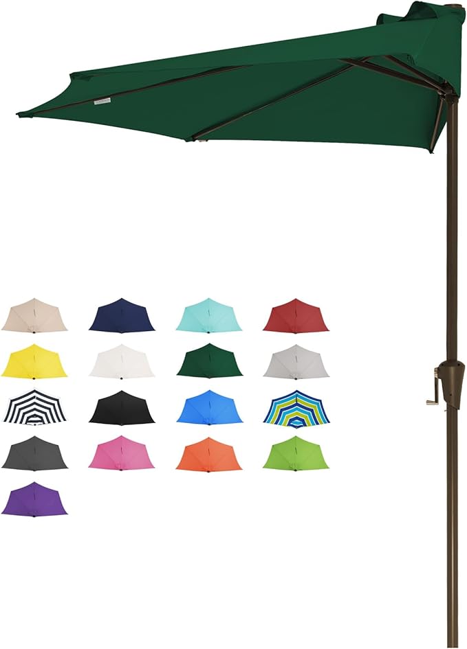 JEAREY 9ft Half Umbrella Outdoor Patio Umbrella Market Umbrellas with Crank, 1/2 Round Wall Umbrella 5 Sturdy Ribs UV Protection for Pool Garden Balcony Deck, Dark Green
