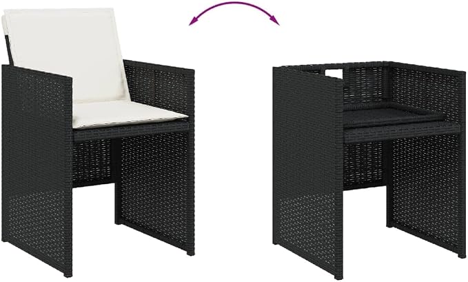 13 Piece Patio Dining Set with Cushions Black Poly Rattan Outdoor Furniture Table and 8 Chairs with Foldable Backrest for Garden Backyard Deck Entertaining Folding Design Removable Cover Acacia Wood